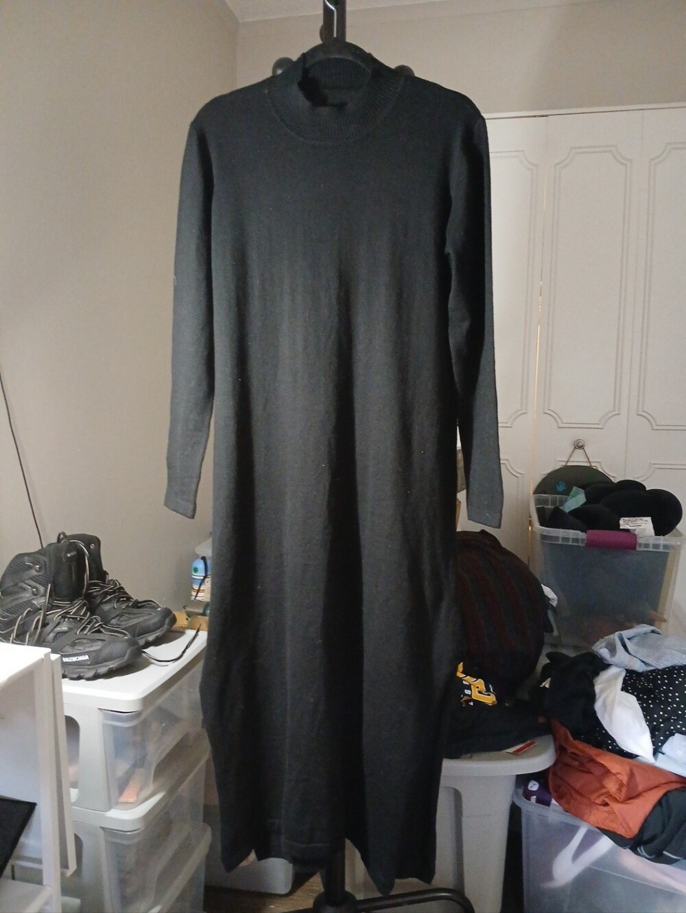 Cashmere Wool Blend Black Long Sleeve Maxi Sweater Dress 50" Length